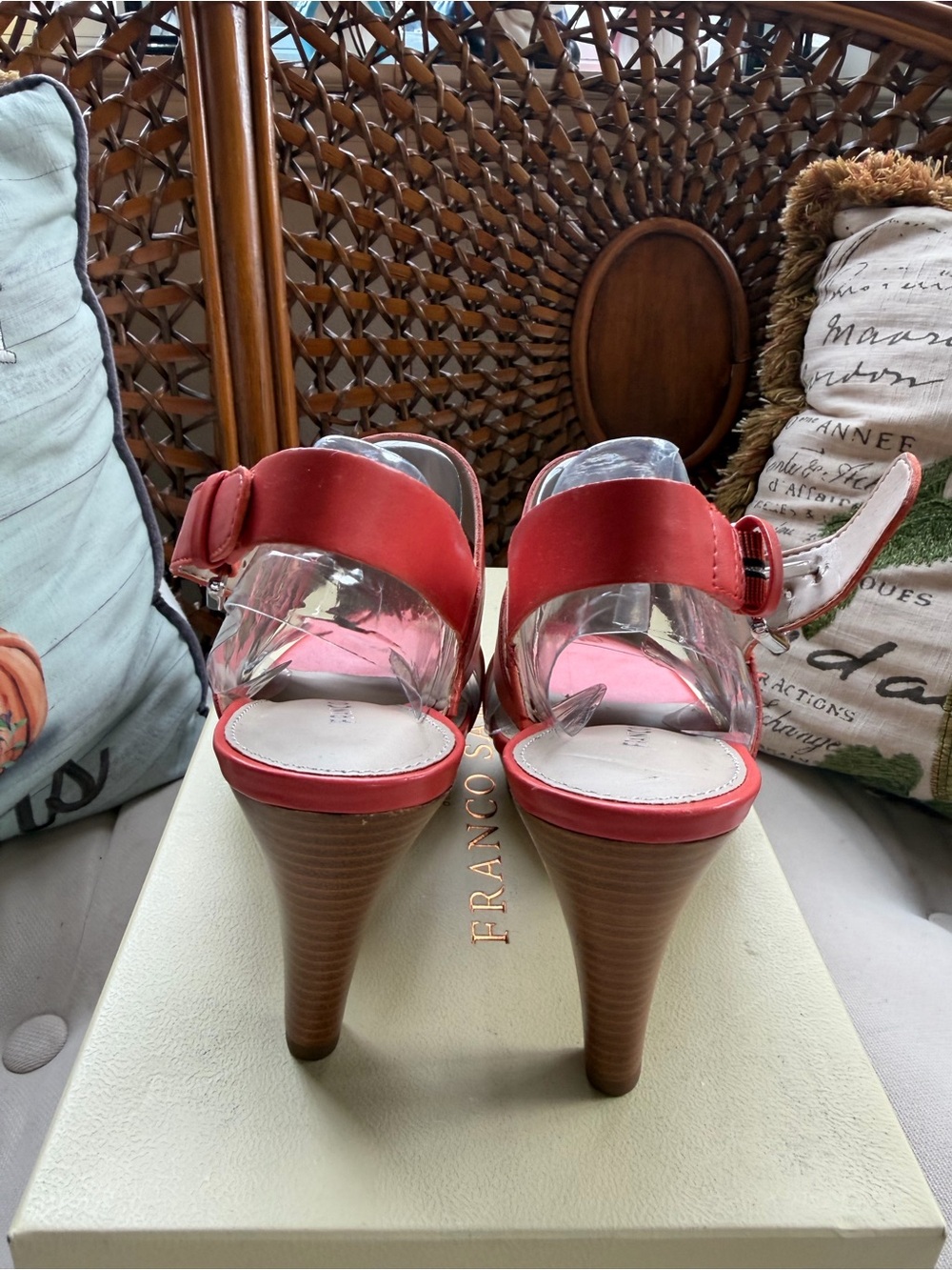 Franco Sarto Orange-Red Strappy Buckle Heels - Picture 3 of 7